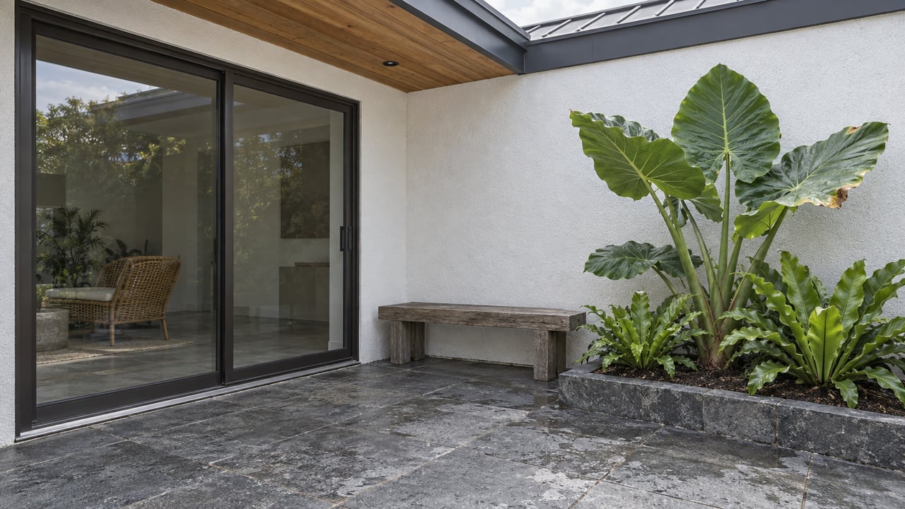A wood-soffit lanai with sliding glass doors, a weathered bench, and broad-leaf plants beside basalt paving.