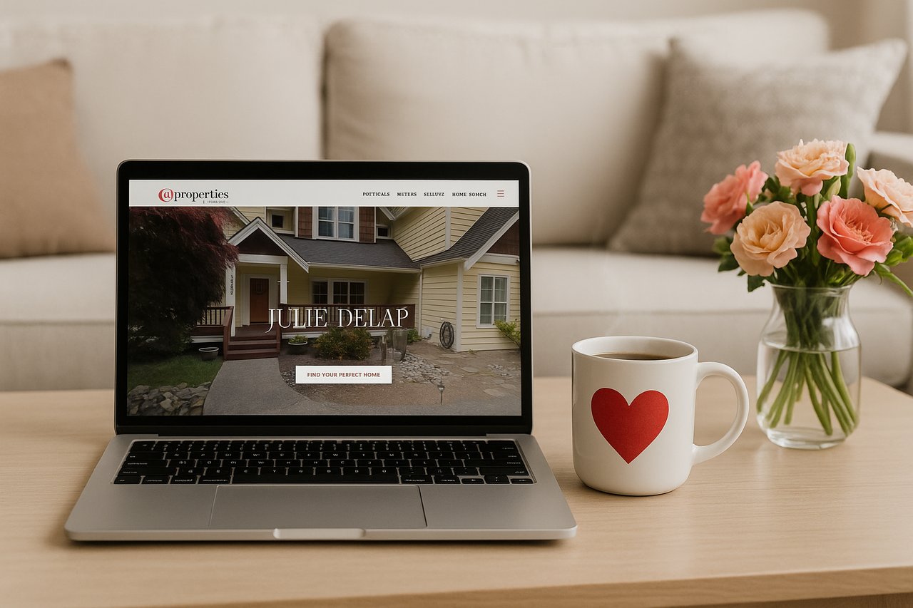 Open laptop showing Julie Delap Homes website on screen.