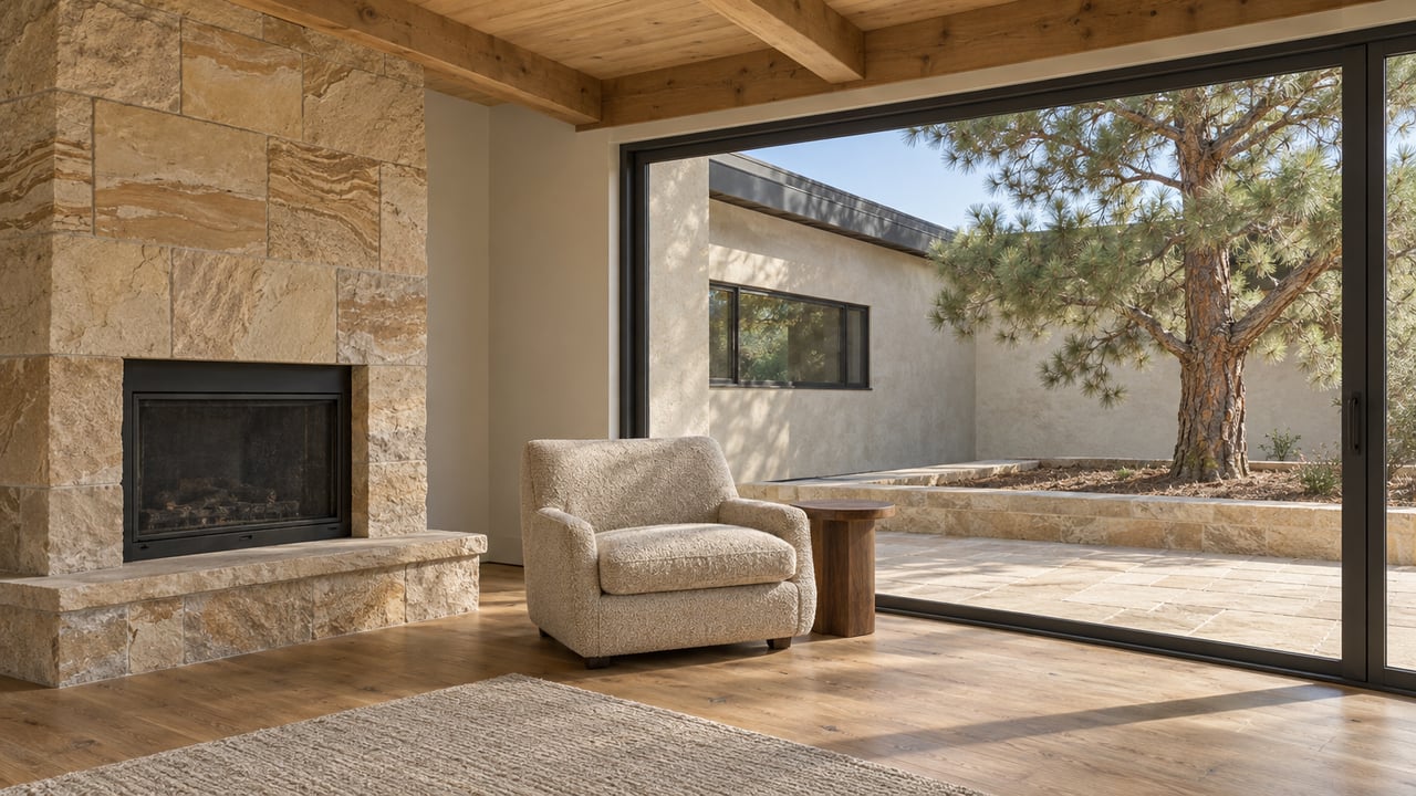 Timber-ceiling living room with a sandstone fireplace, wool chair and glazed doors overlooking a stone terrace and sculptural pine.