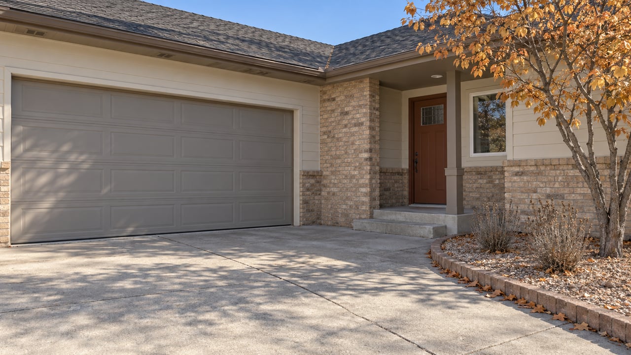 Autumn sunlight crosses a concrete driveway beside a modest cream-sided home with buff brick, a gray garage door and an ocher-leaved serviceberry.