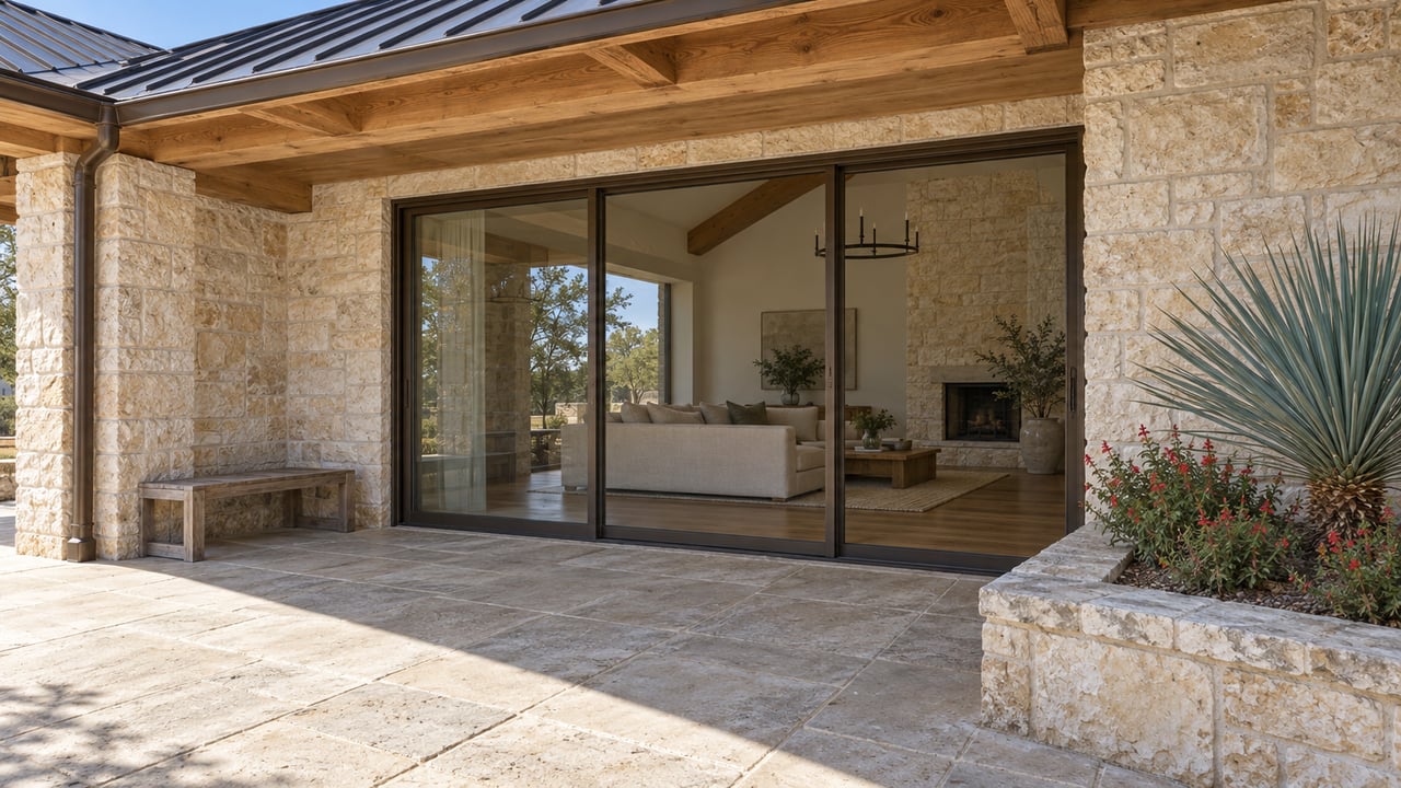 Limestone home terrace with oak roof beams, bronze-framed glass doors and a raised stone planter with blue-gray desert spoon and autumn sage.