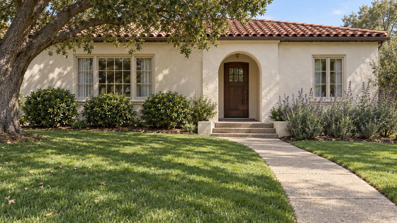 Cream stucco home with a clay tile roof, recessed arched oak entry, broad lawn and an aggregate walkway beneath a mature oak.
