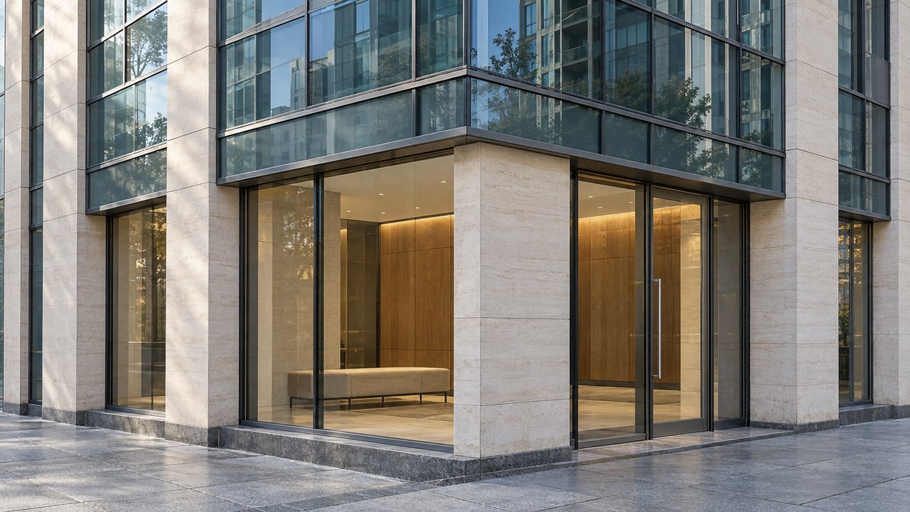 Blue-green corner glazing above a pale limestone condominium entrance, with an oak-paneled lobby visible behind closed glass doors.