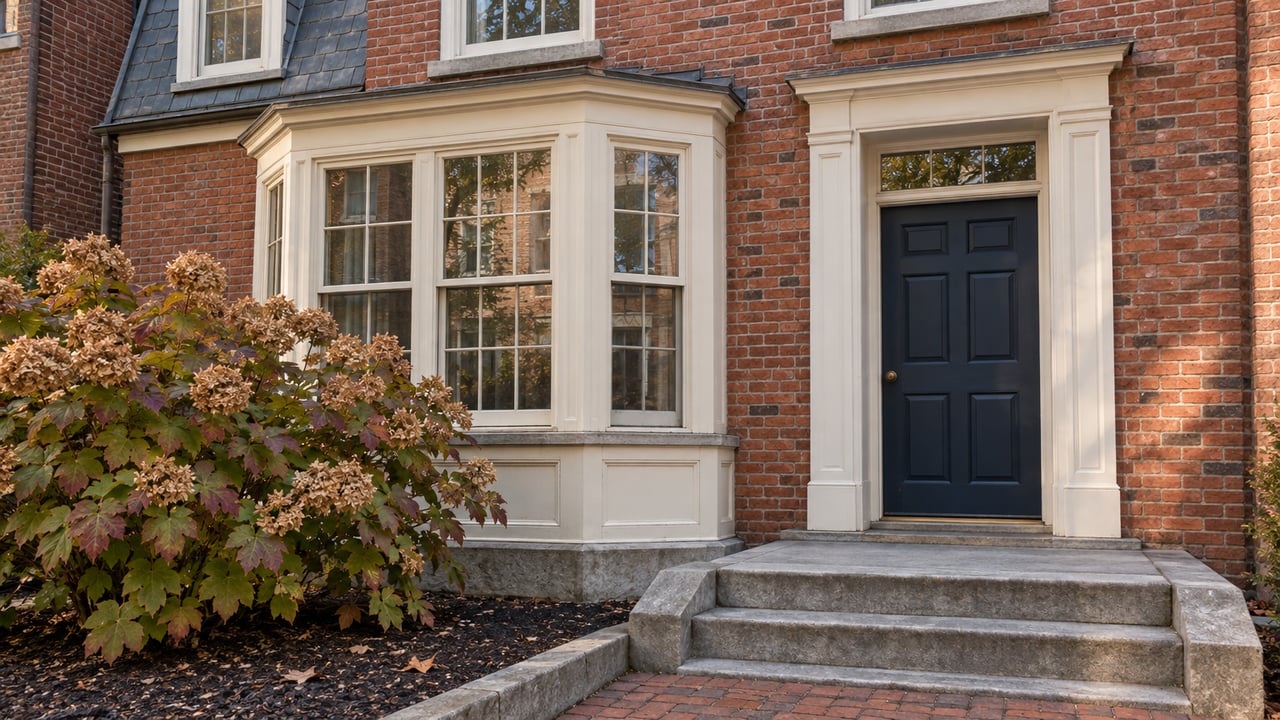 Brick townhome with an ivory window bay, navy door, worn limestone entry steps and autumn oakleaf hydrangea.