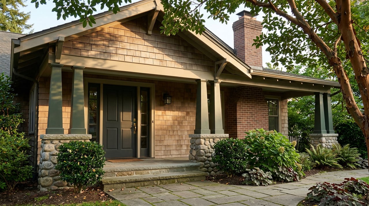 Craftsman porch with dark green posts, charcoal door, brick chimney, and cinnamon-barked tree canopy.