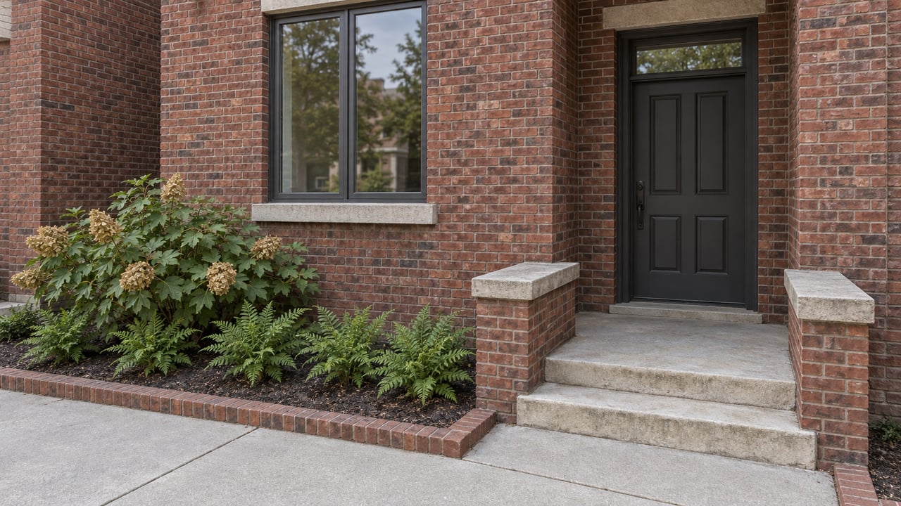 Close view of a red brick home's charcoal entry door, limestone steps and window beside oakleaf hydrangea and Christmas ferns.
