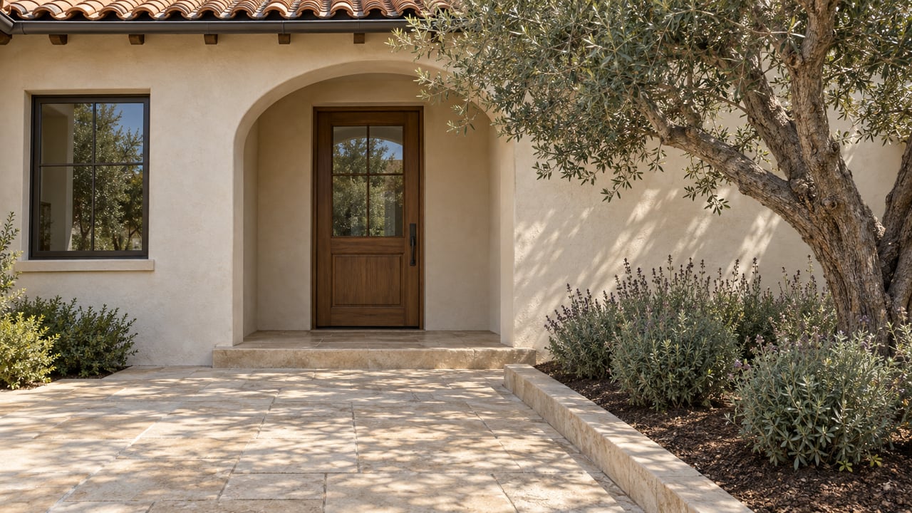 Home entrance with a wooden front door beneath an arched entry, framed by an olive tree.