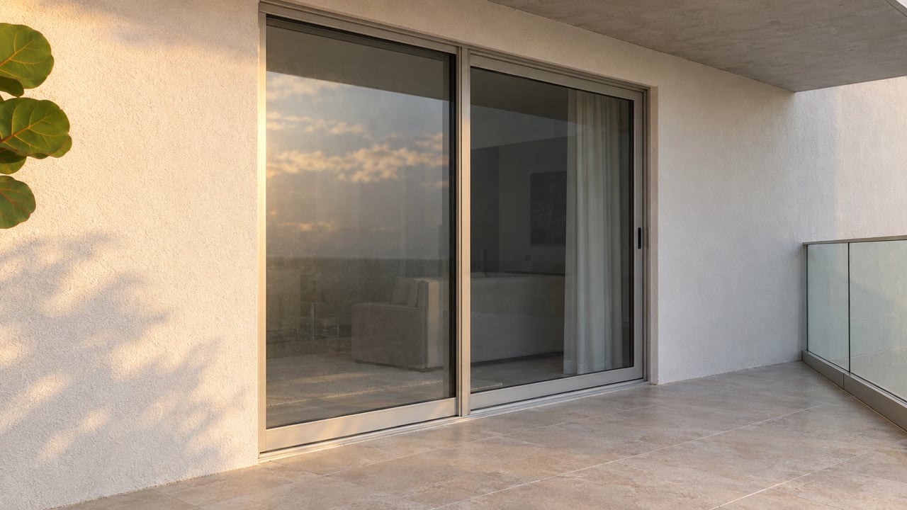 Condominium terrace with closed sliding glass doors, pale tiled floor, and round leaves at the edge.