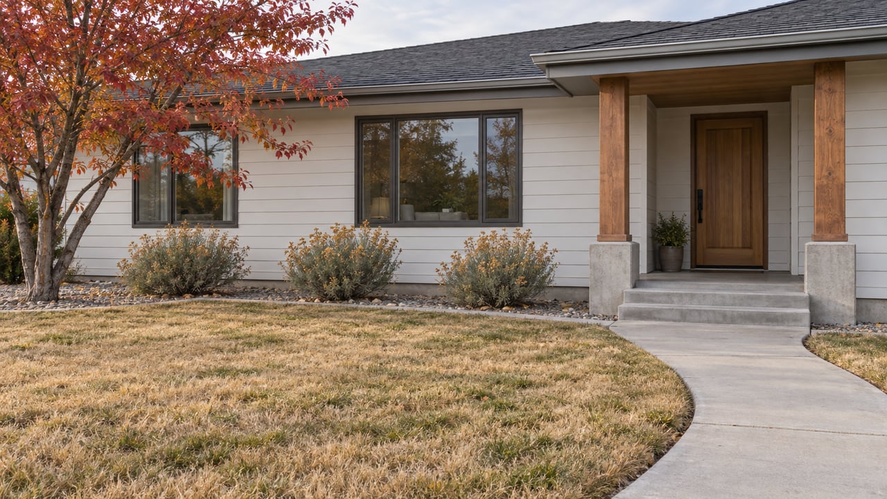 Updated single-story home with off-white siding, timber porch posts and a broad autumn lawn beside a red-leaved maple.