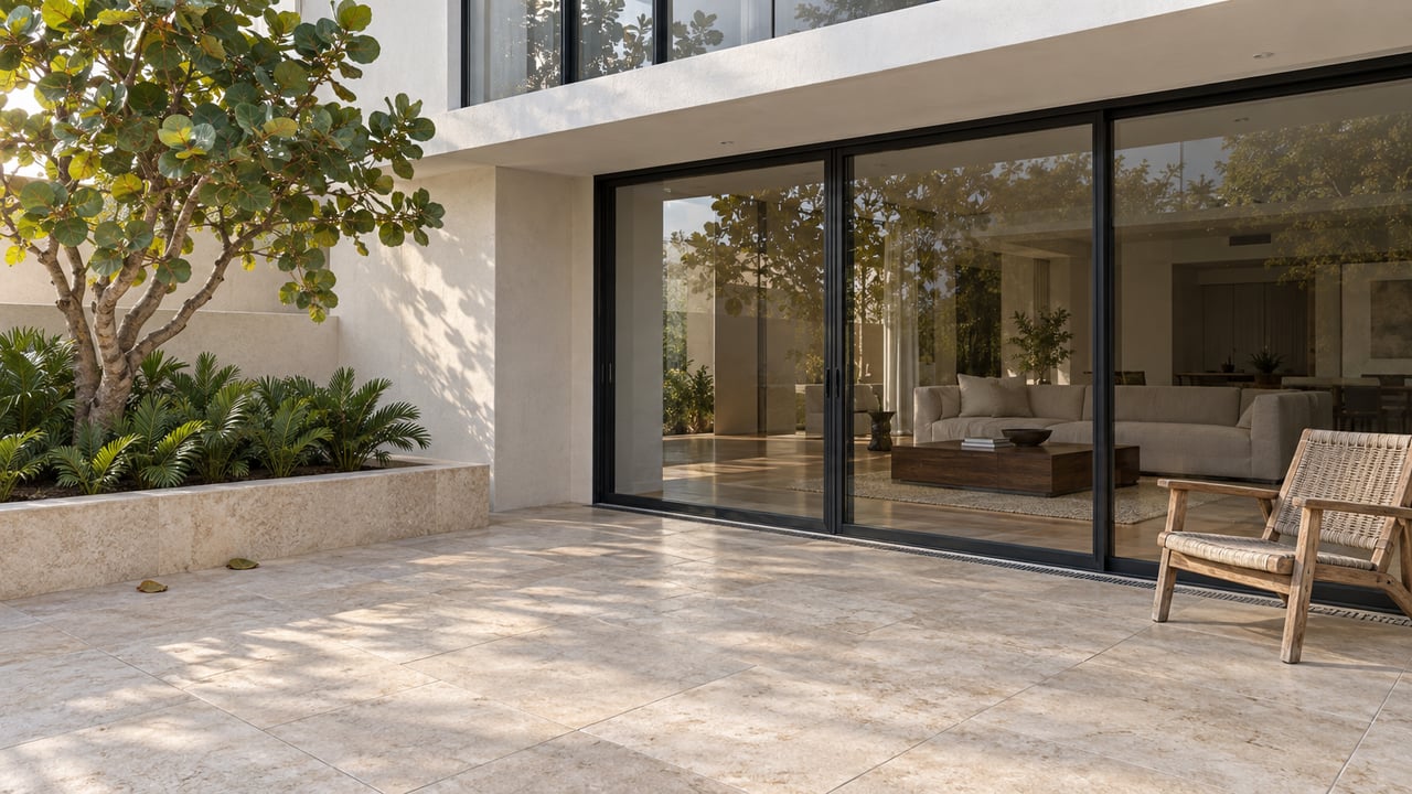 Limestone condominium terrace with black-framed glass, pale stucco, a teak lounge chair and a sculptural sea-grape tree in a raised planter.