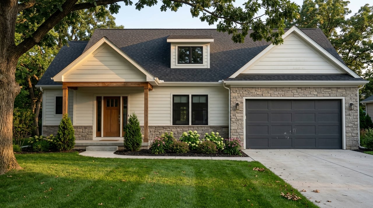 Three-quarter view of a home’s front exterior, with a deep yard and bur oak canopy.