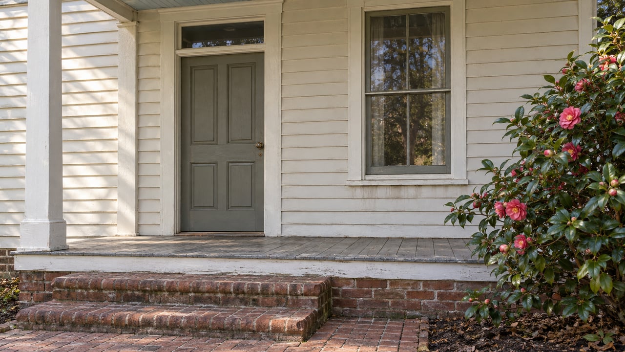 Cream clapboard entrance with a gray-green door, tall sash window, worn porch boards and brick steps beside a camellia.