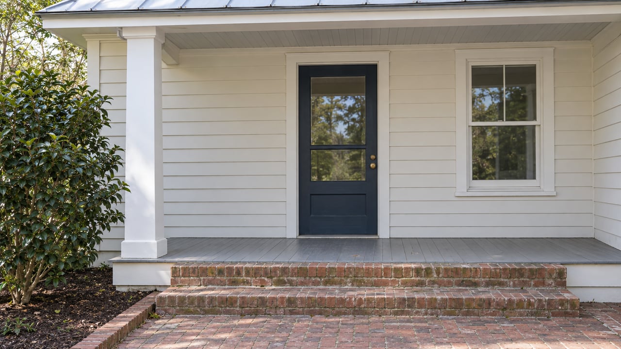 Off-white timber house with a navy glazed front door, shaded porch and weathered brick steps beside a glossy-leaved camellia.