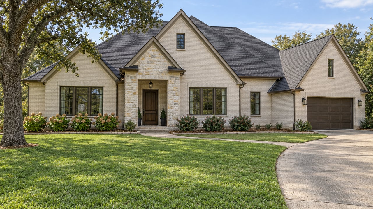 Light painted-brick home with steep charcoal shingled gables, a recessed oak entry and broad green lawn beneath a mature oak.