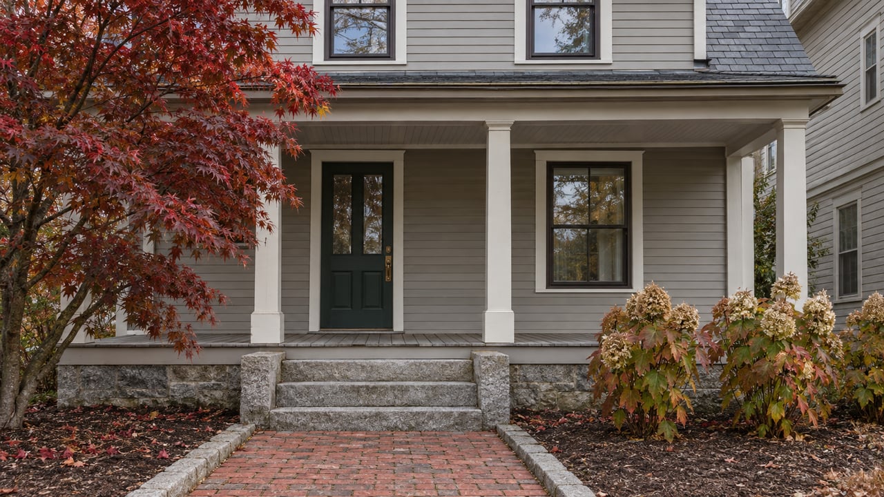 Renovated gray clapboard house with a green entry door, covered porch, granite steps and red autumn foliage beside a brick approach.