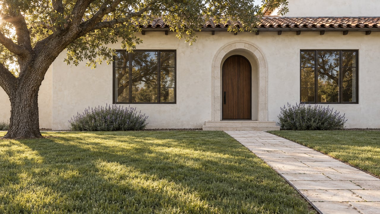 Ivory-plastered house with a recessed arched oak door, bronze-framed windows, and a deep lawn beneath an oak tree.