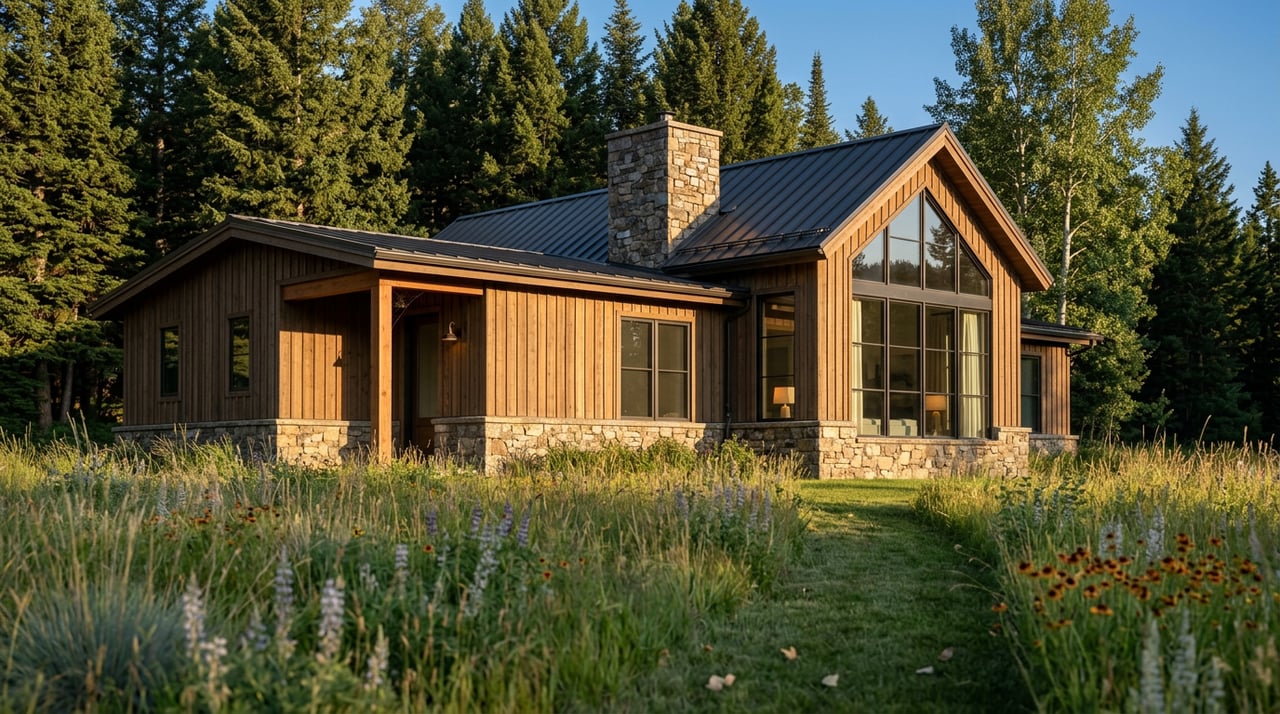 Mountain-modern cedar house with a black-framed gable window wall, beyond a wildflower meadow and diagonal mown path.