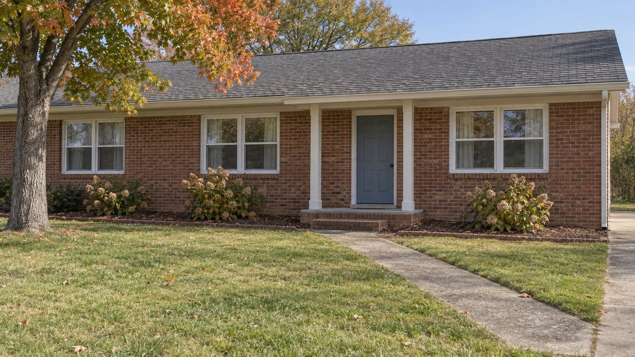 Red-brick ranch with white-framed windows, a blue-gray front door, broad lawn and a mature tree beginning to turn orange.