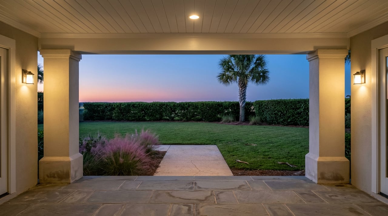 Bluestone portico and front walk cross a lawn toward a clipped hedge, with a palmetto silhouetted against dusk.