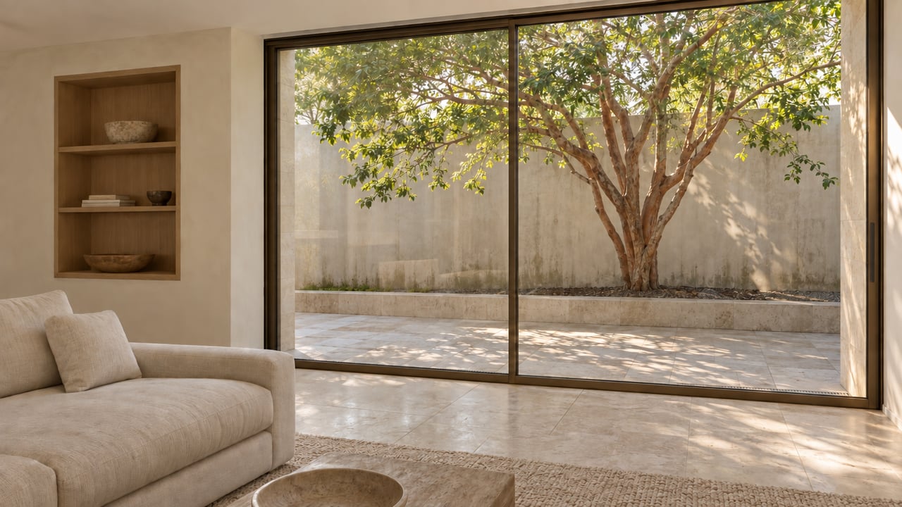 Bronze-framed sliding glass doors open onto a paved courtyard with a tree and planting bed.