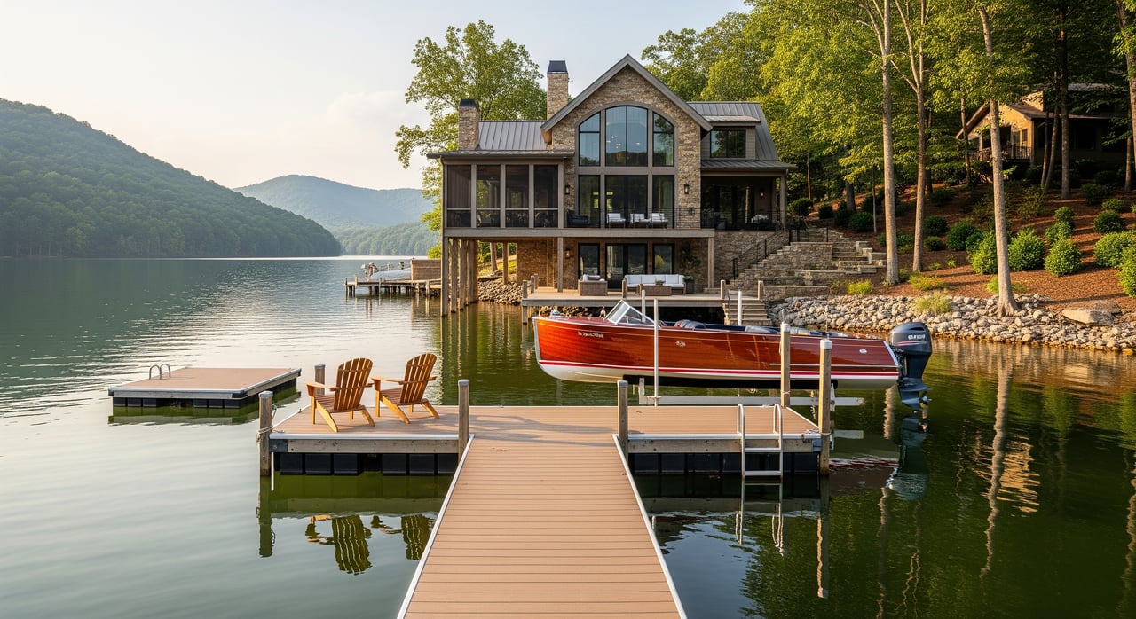 Lakeside house with a red motorboat, wooden docks, and forested hills across the water.