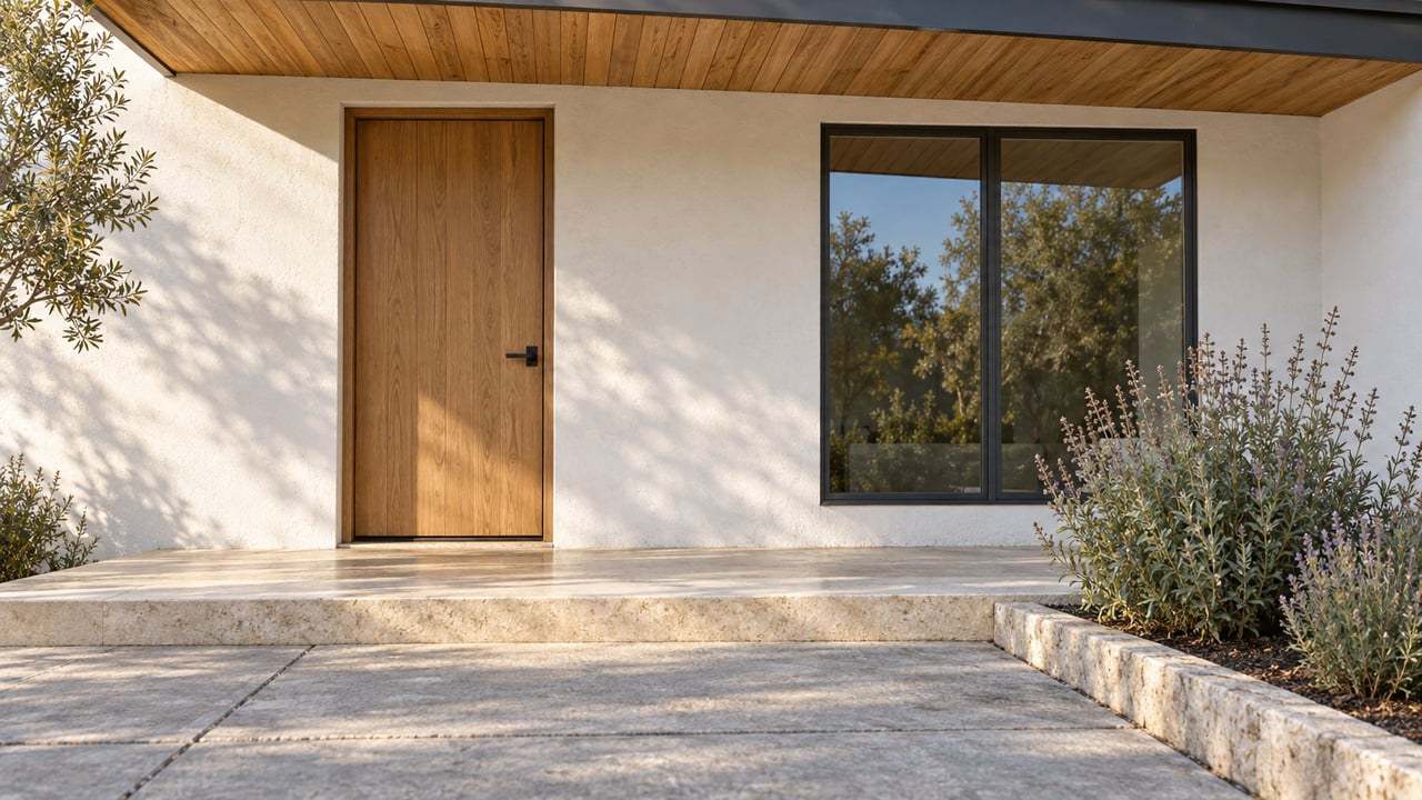 Morning light on a covered residential entry with a natural oak door, white stucco, dark-framed window and limestone step beside Cleveland sage.