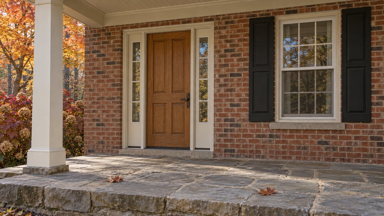 Autumn morning light on a brick home's covered porch, oak front door and weathered sandstone floor beside orange maple foliage.