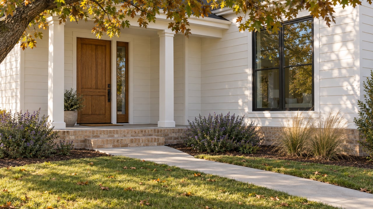 Cream-white house entry beneath an oak canopy, with a concrete path crossing a broad lawn.