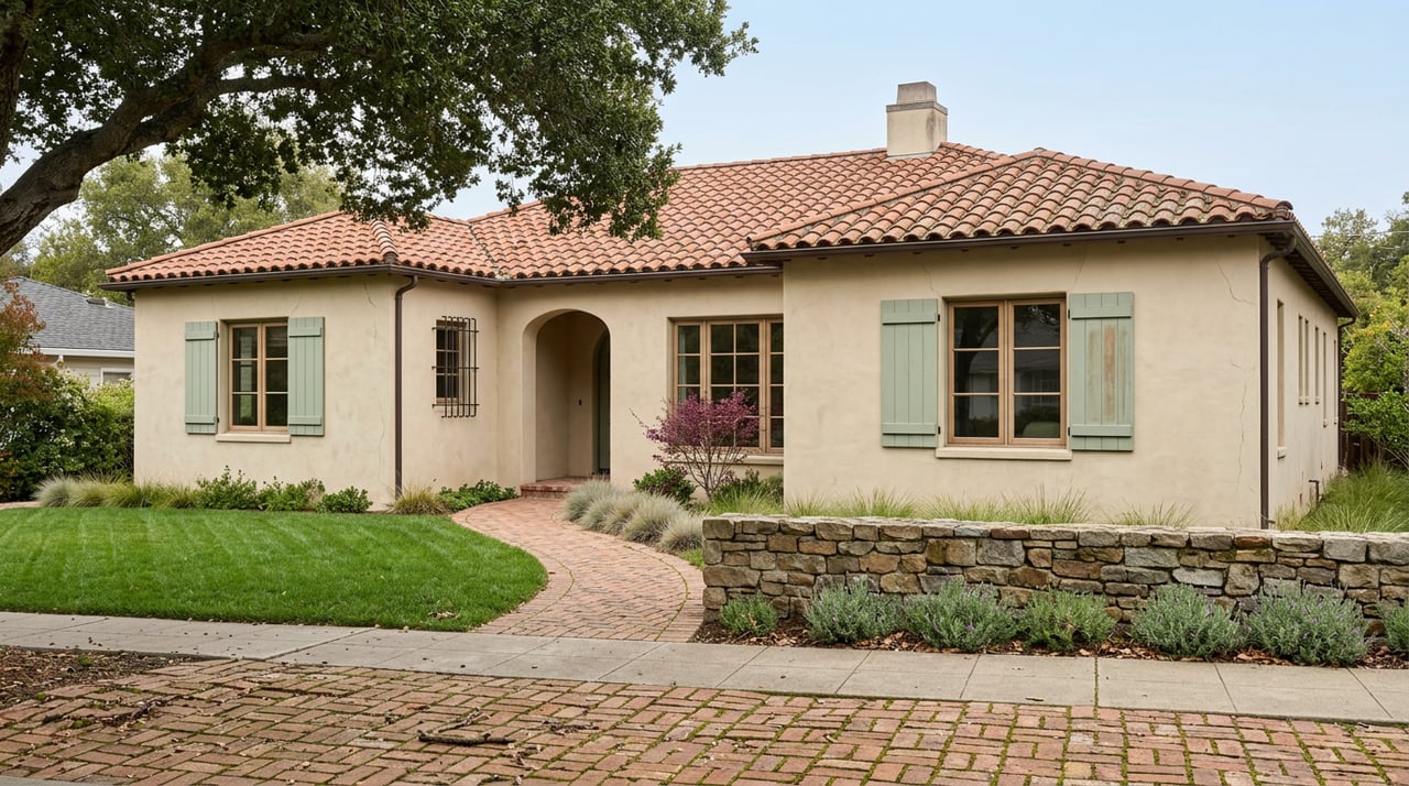 Stucco home with a clay-tile roof, arched entry, green shutters, and oak-shaded lawn behind a fieldstone wall.