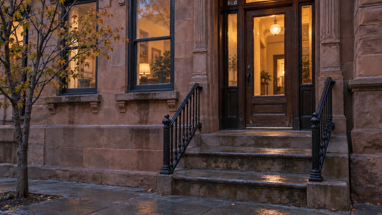Sandstone townhouse entrance with black iron railings flanking damp steps and warm light glowing through the glass.