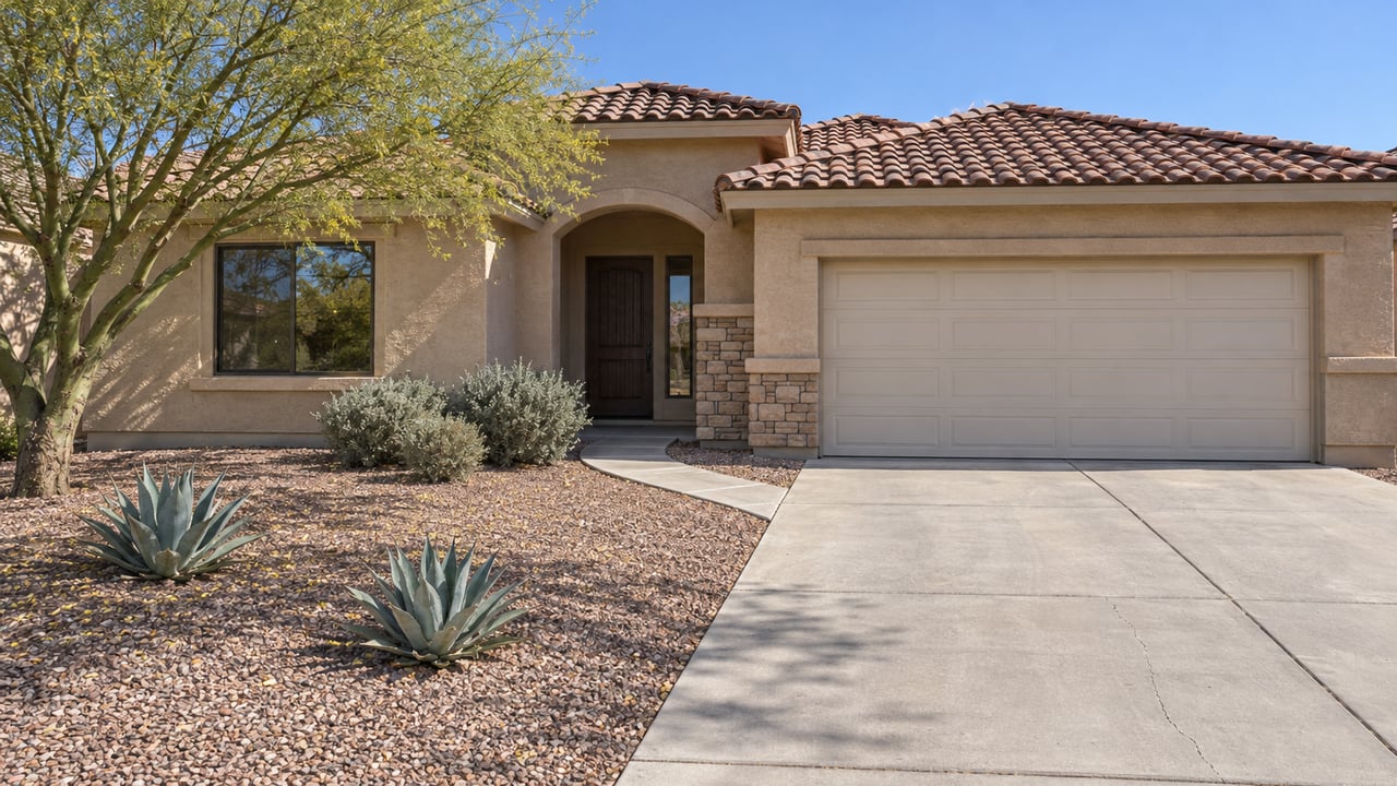 Sunlit single-story stucco home with a tile roof, arched front porch, two-car garage and desert planting across a deep gravel setback.