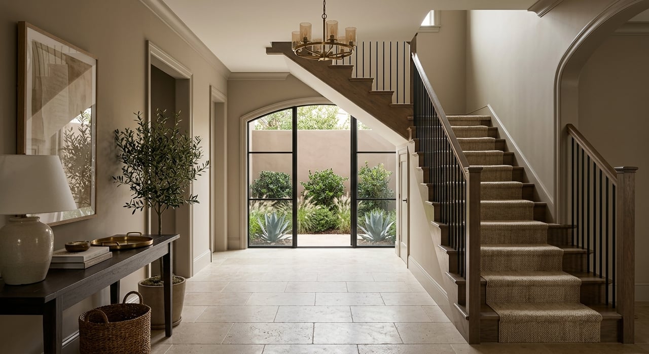 Oak staircase with black balusters and walnut handrail beneath a brass chandelier, beside an arched hallway opening.
