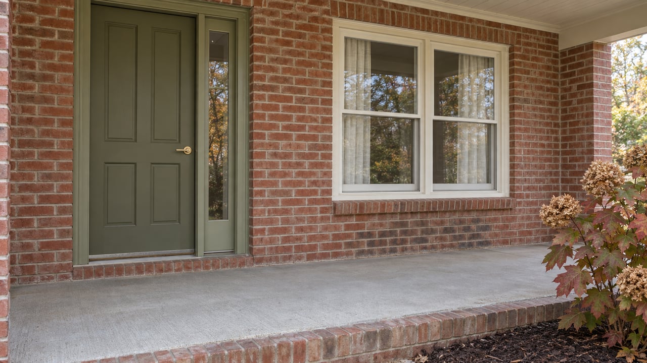Covered brick entry with an olive door, ivory-framed window and raised concrete porch beside an oakleaf hydrangea.