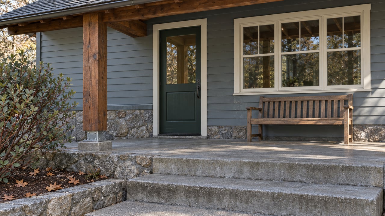 A blue-gray wood-sided home with a sheltered green front door, granite foundation, broad concrete steps and a cedar bench.