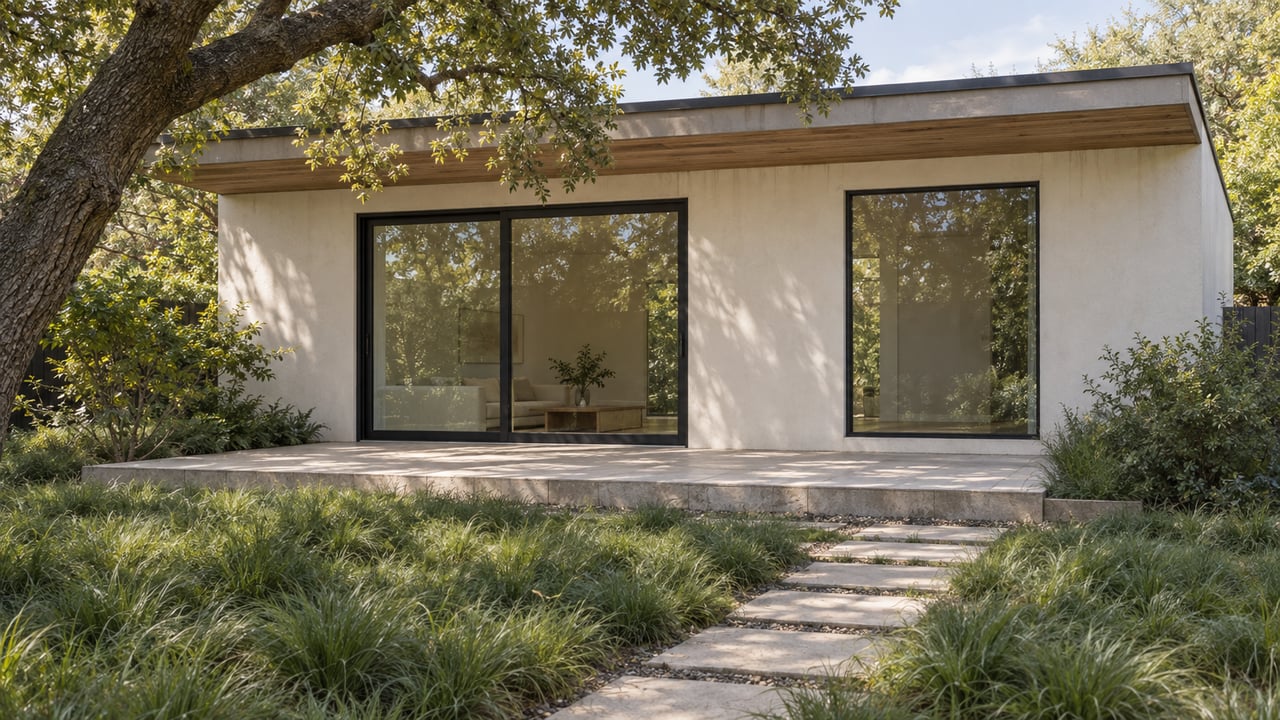 Compact white dwelling with a glazed sliding door, limestone terrace, and oak canopy beyond a meadow garden.