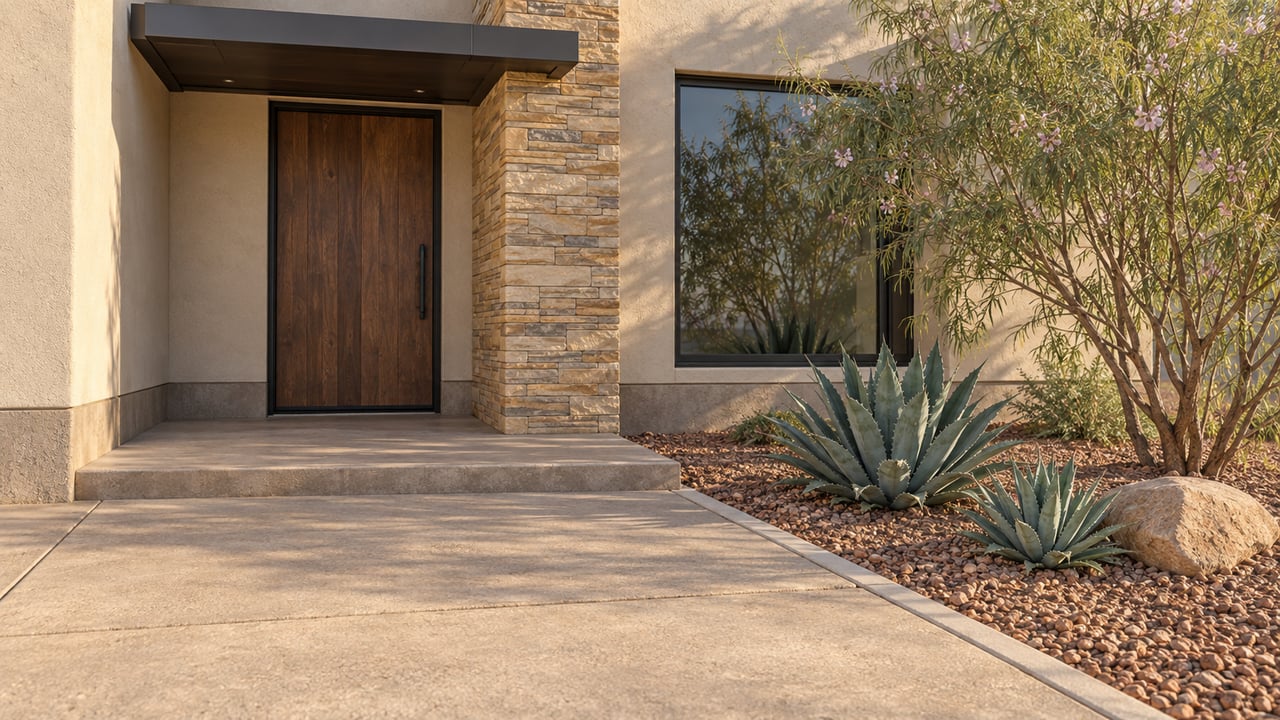 Sunlit stucco home entry with a walnut door, sandstone pier, concrete approach, and a gravel garden containing a desert willow and two agaves.