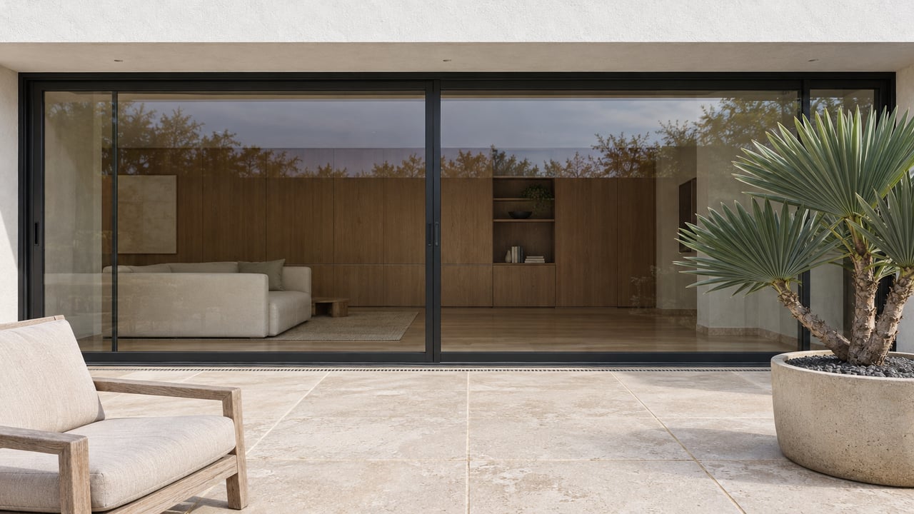 Pale stone terrace with a weathered teak lounge chair and sculptural fan aloe beside closed glass doors and warm wood interiors.
