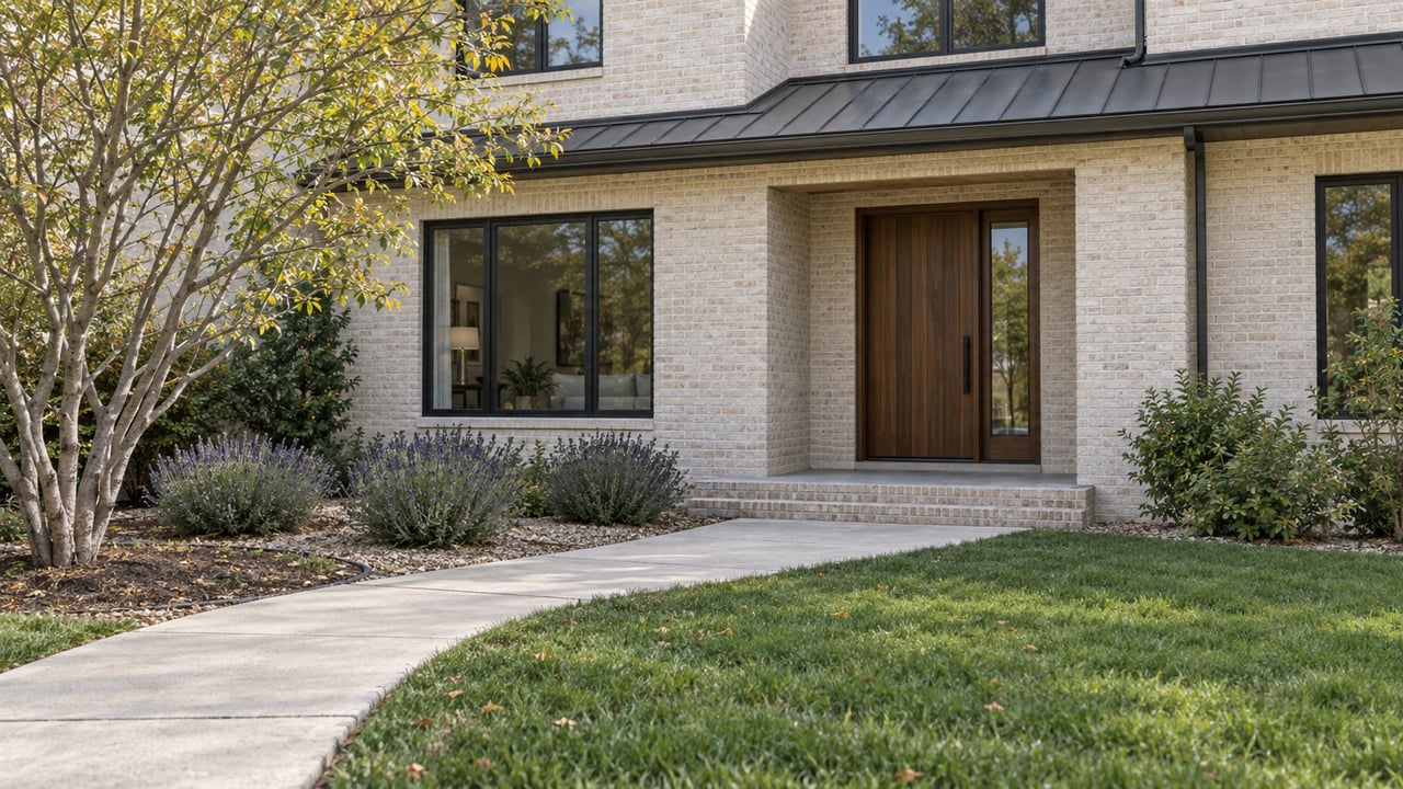 Pale brick home with a recessed walnut door, curved walkway, lavender beds, and lawn.