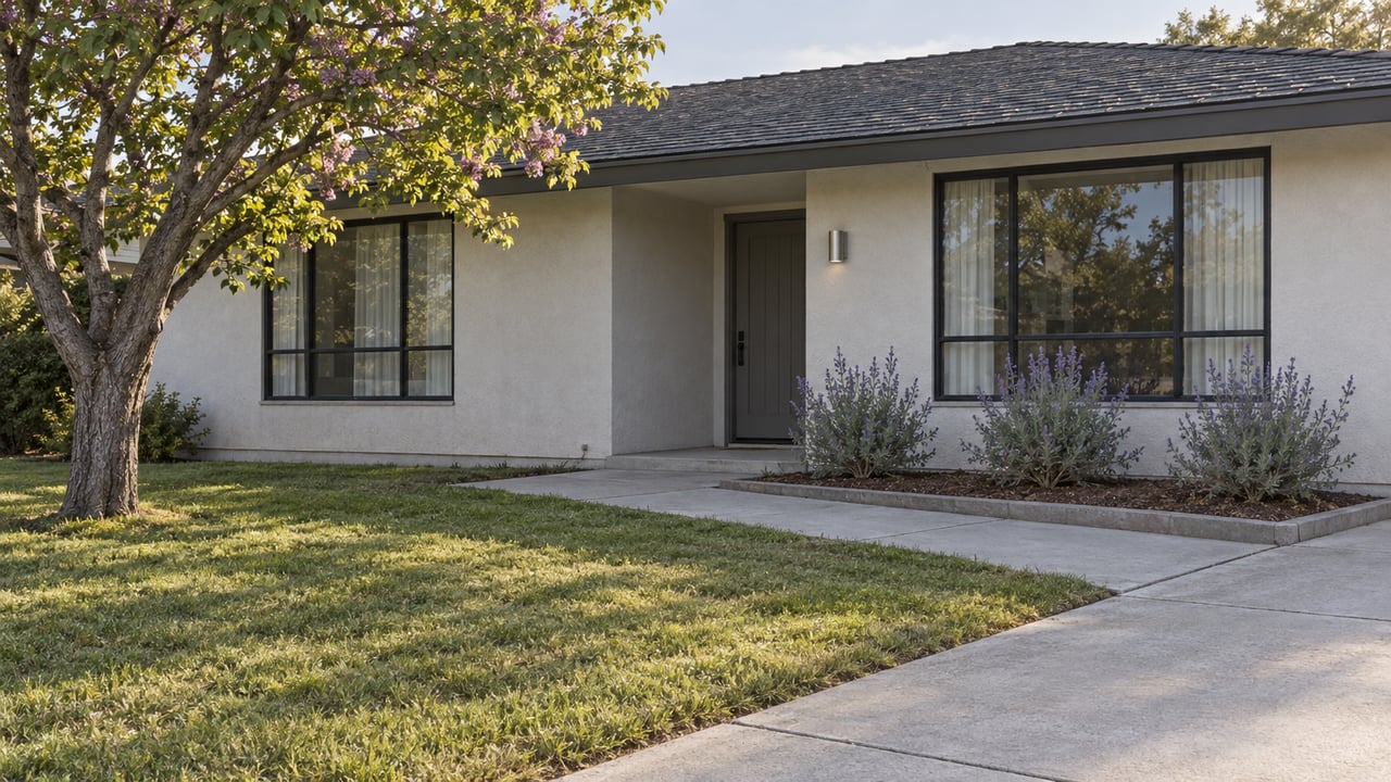 Single-story off-white stucco home with dark-framed windows, a recessed entry and an established front lawn.