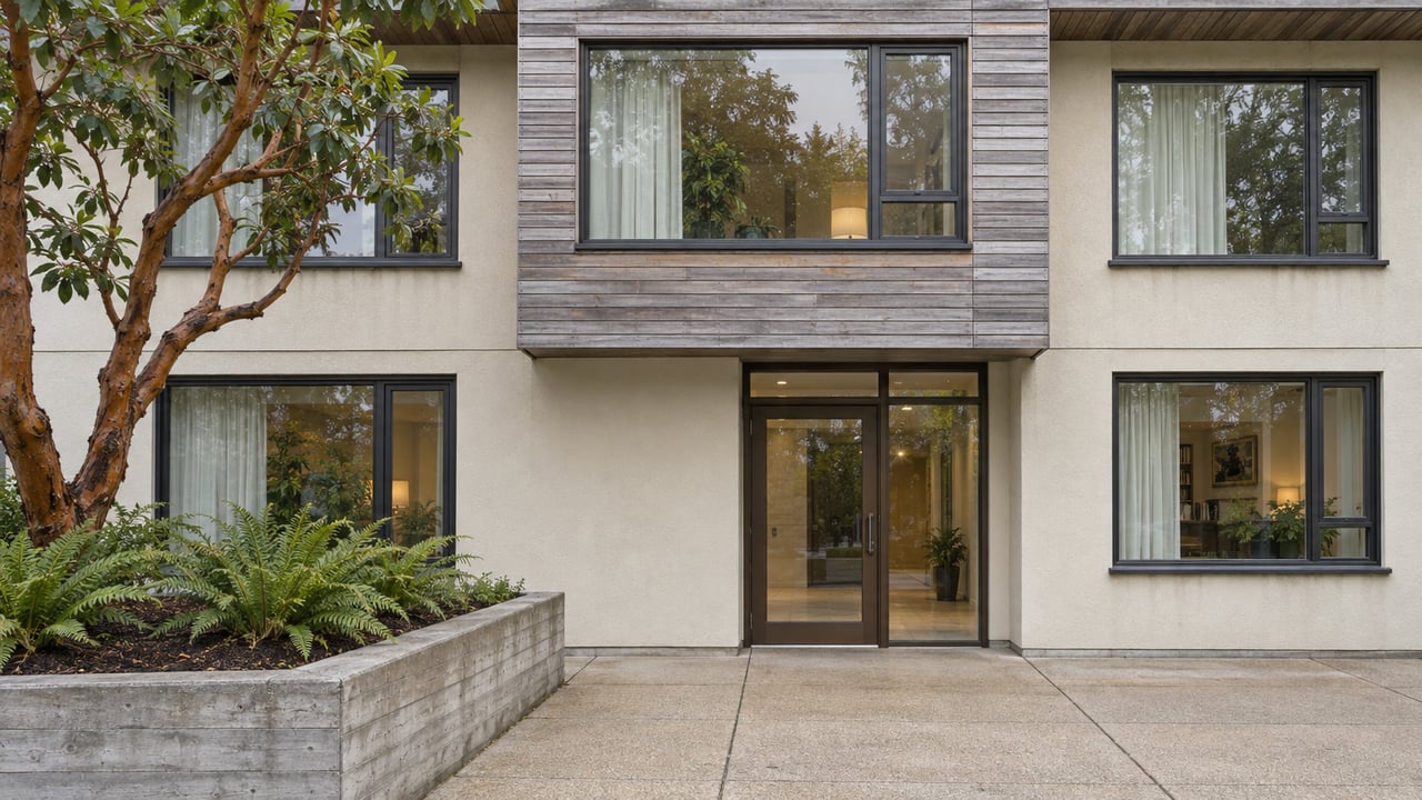 Established condominium facade with ivory stucco, weathered cedar window bay, glazed entry and a raised planter with a sculptural tree.