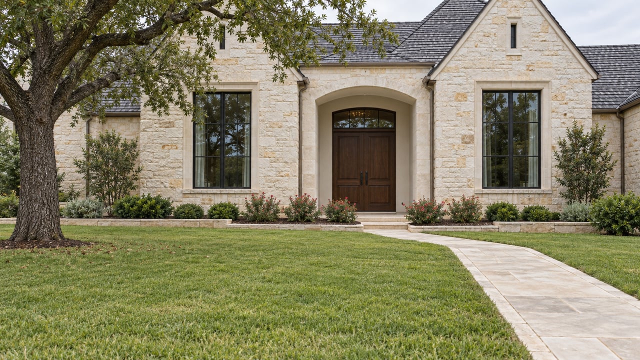 Limestone home with a recessed arched entry, dark windows, deep front lawn and mature post oak under soft daylight.