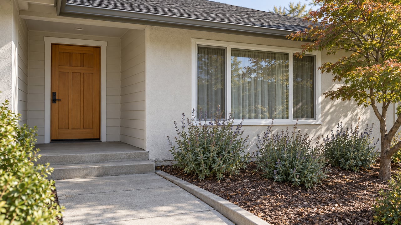 Sunlit recessed entry of a single-story home with a wood front door, white-framed window, concrete steps, and a Japanese maple.
