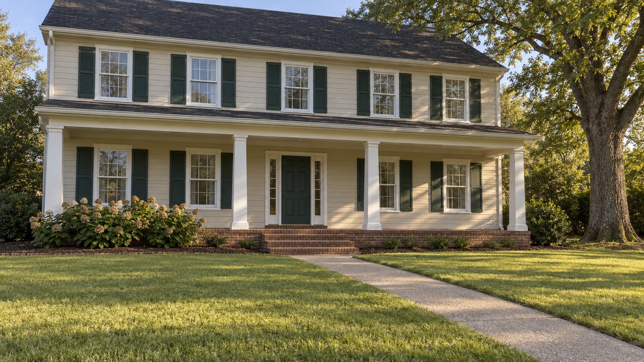 Ivory two-story home with a brick porch, green shutters, broad front lawn, and a mature white oak in afternoon light.