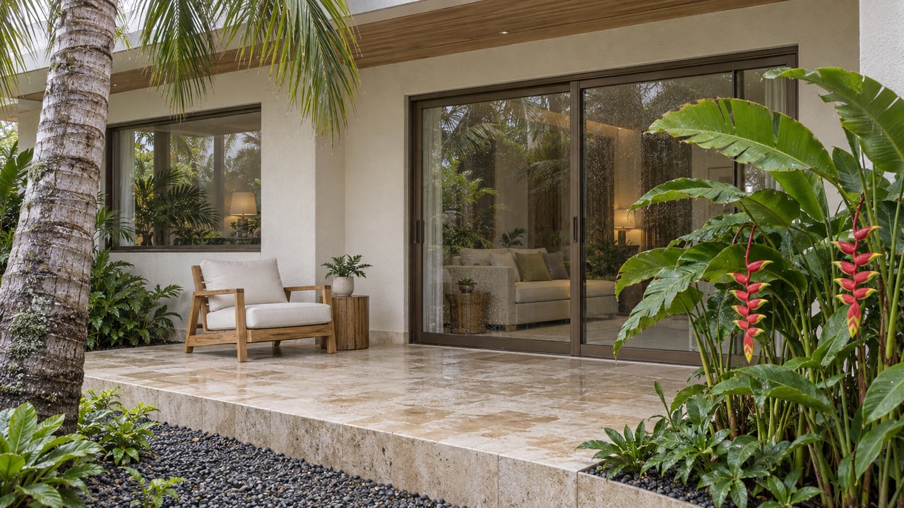 Warm-white residence with bronze-framed glass doors, a sheltered limestone terrace, teak lounge chair, coconut palm and flowering heliconia after rain.