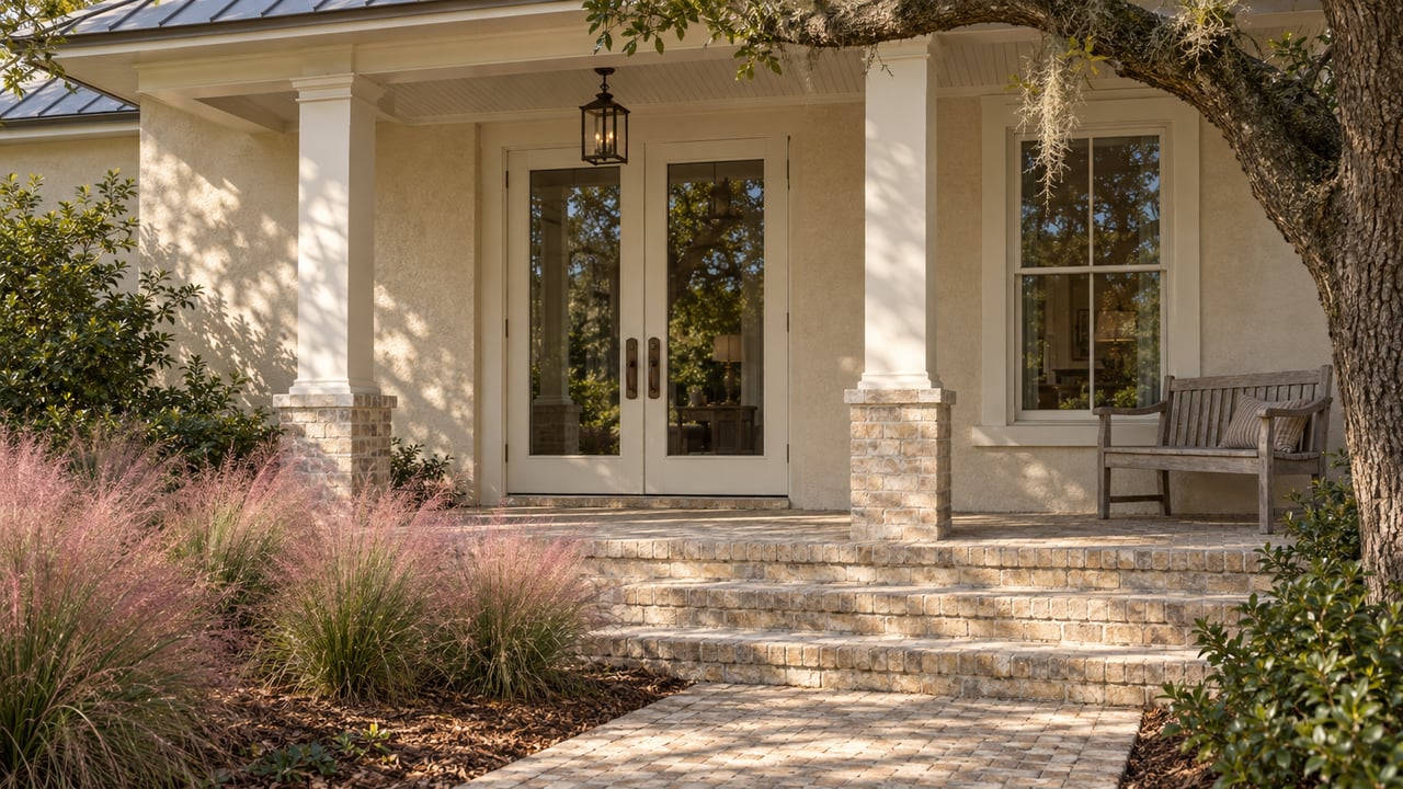 Cream stucco home with a shaded porch, glazed double doors, pale brick steps and pink muhly grass in morning light.