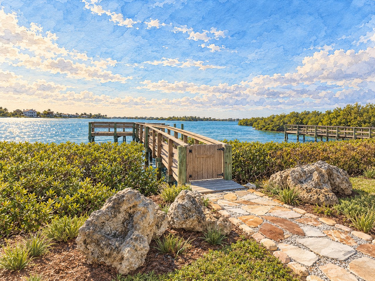 Stone path leads through coastal landscaping to a wooden dock on a blue bay.