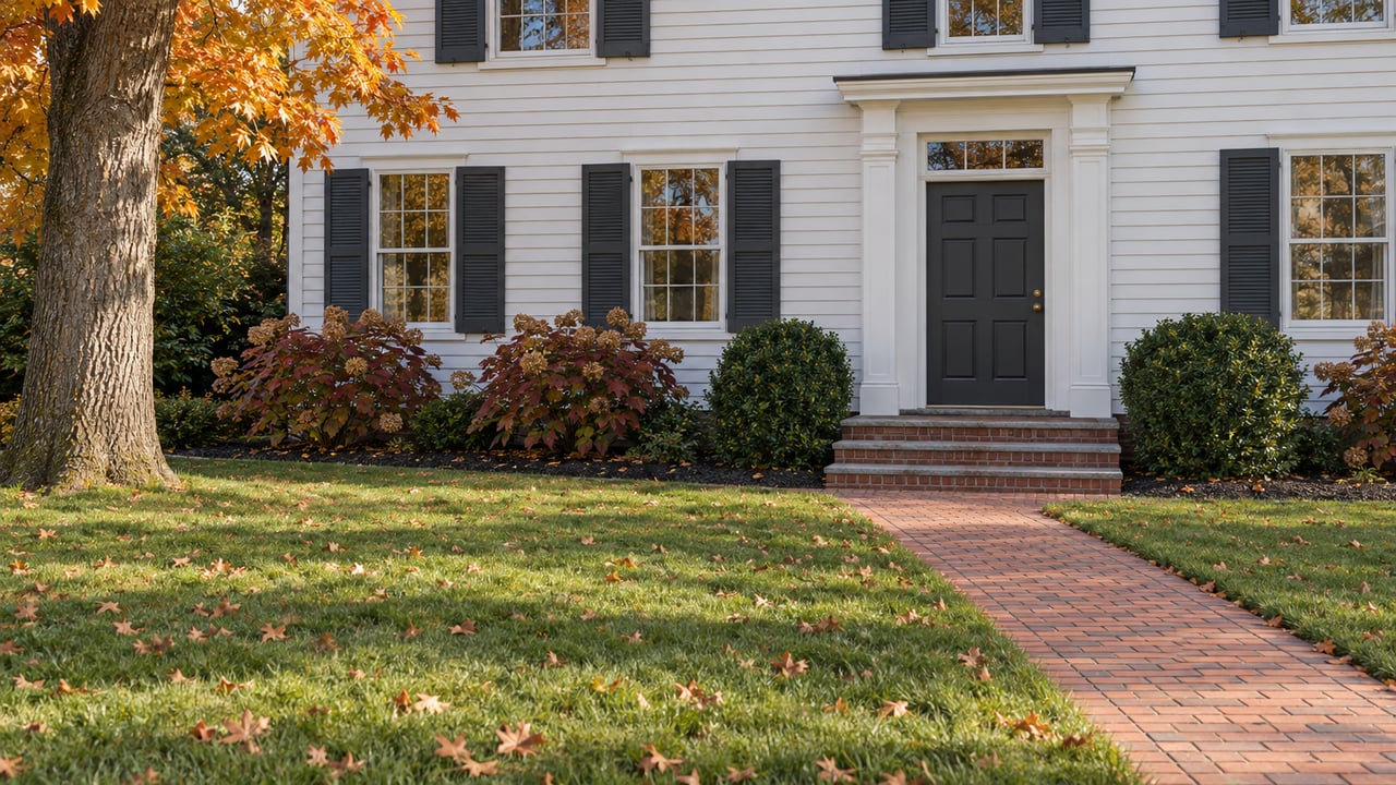 White clapboard home with paired dark shutters, brick entry steps, and a broad autumn lawn crossed by a brick walk.