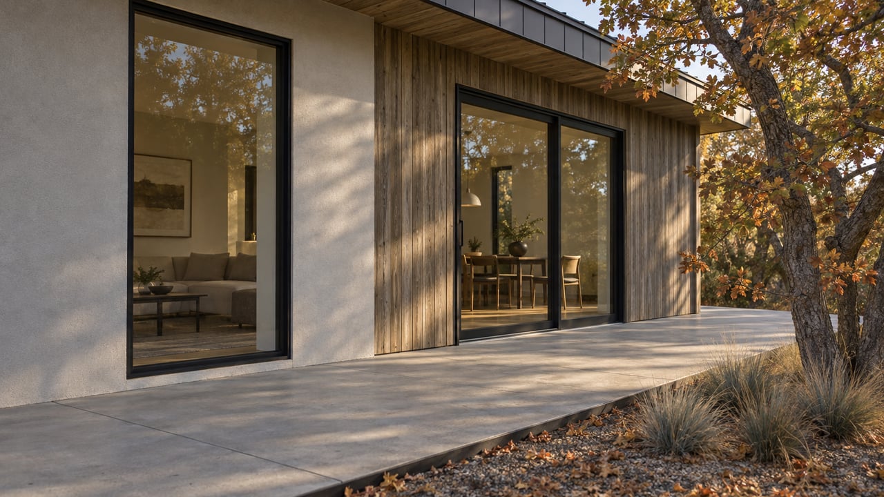 Contemporary home with cedar cladding, black-framed glass doors, and a concrete terrace beside an autumn oak.