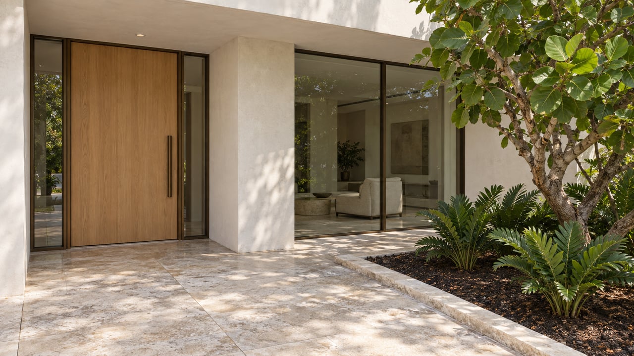 Contemporary ivory-stucco home entry with a light-wood door, bronze-framed glass, pale limestone paving, and a sea grape tree.