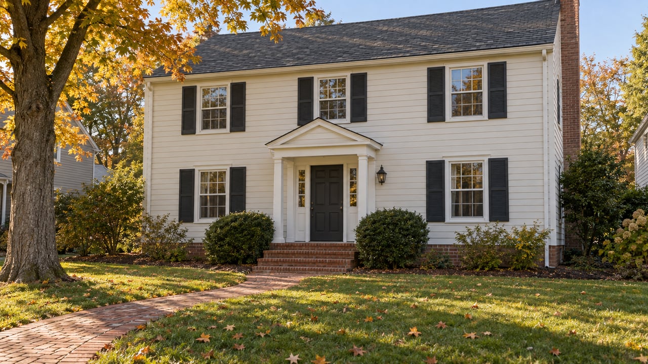 Cream clapboard house with dark shutters, a brick entry walk and amber maple foliage in afternoon sunlight.